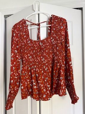 Rust Floral Smocked Square-Neck Blouse